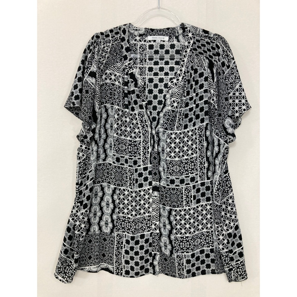 Rose + Olive Blouse 3X Black Patchwork Tile Print Smocked‎ Shoulder Soft Comfy